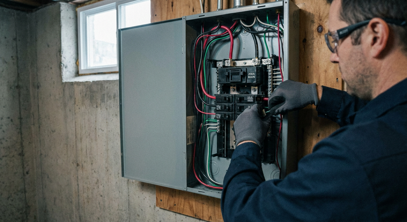 Électricien installant un panneau électrique 200A